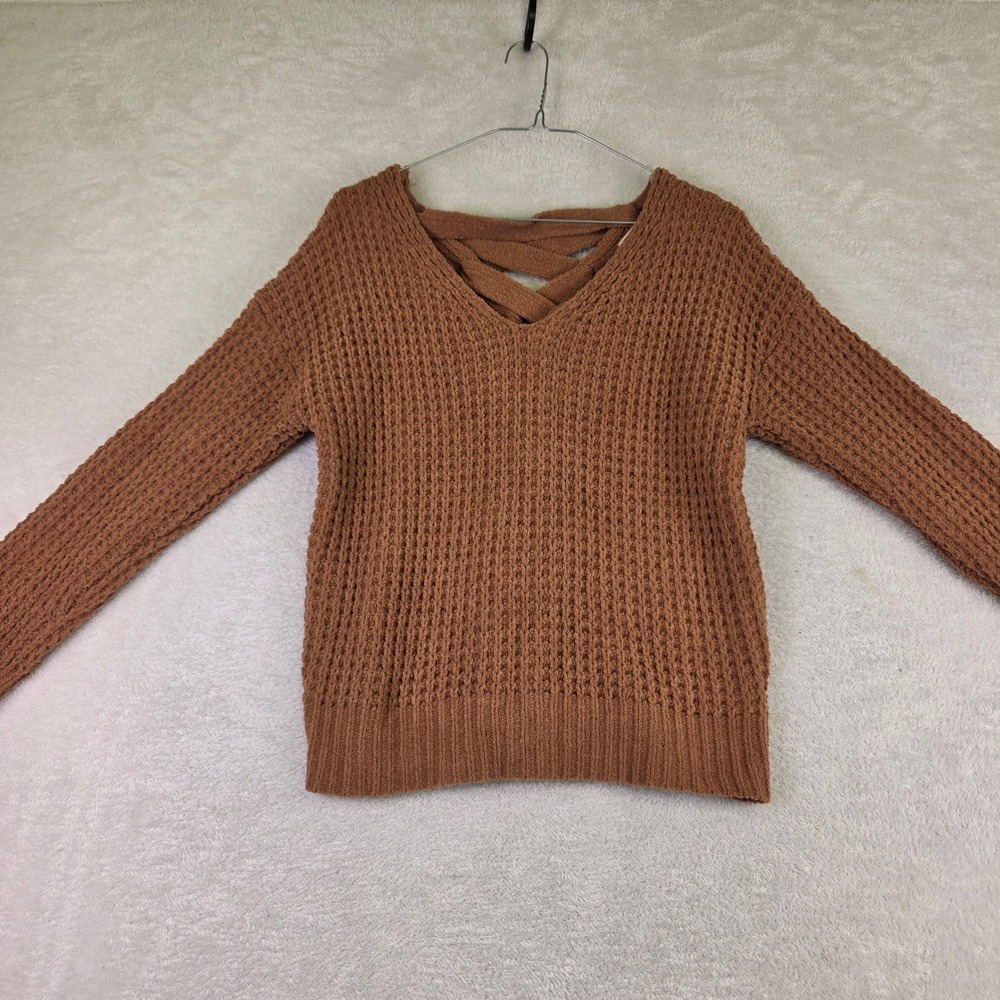Moral Fiber Womens Waffle Knit Strappy Back Sweater Brown V-Neck Large